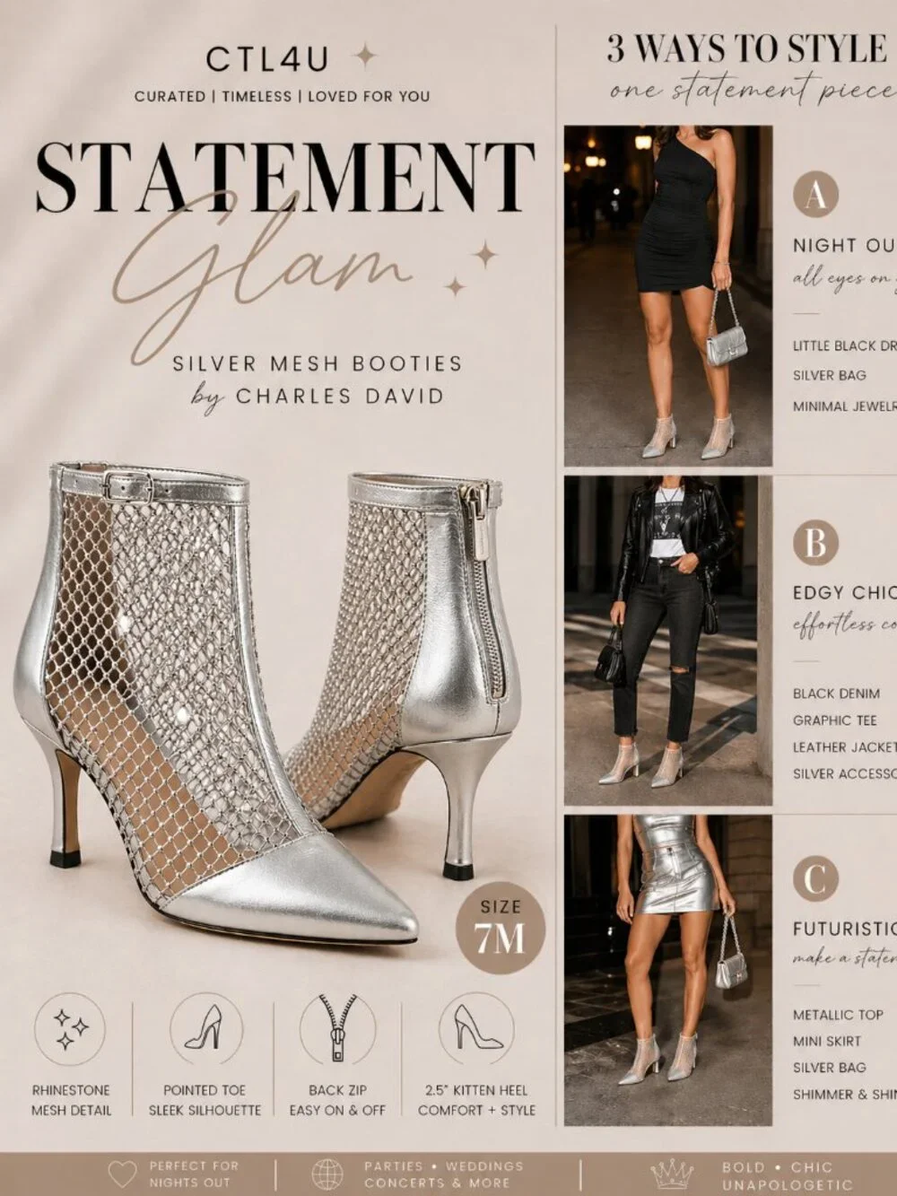 Charles David Arnie Mesh Rhinestone Booties Silver 7 Pointed Toe